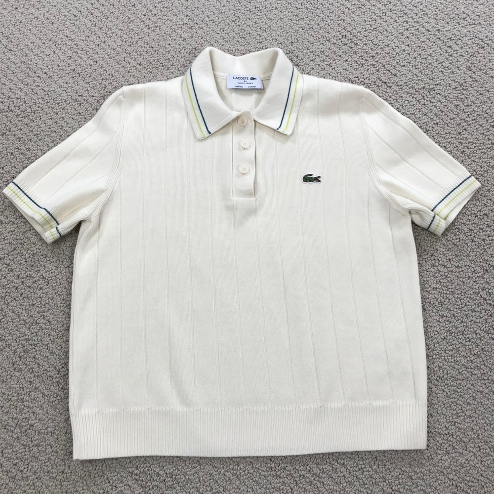 Lacoste Made in France Ribbed Knit Polo Shirt Cream White Green Tipping Size 38 - Picture 2 of 8